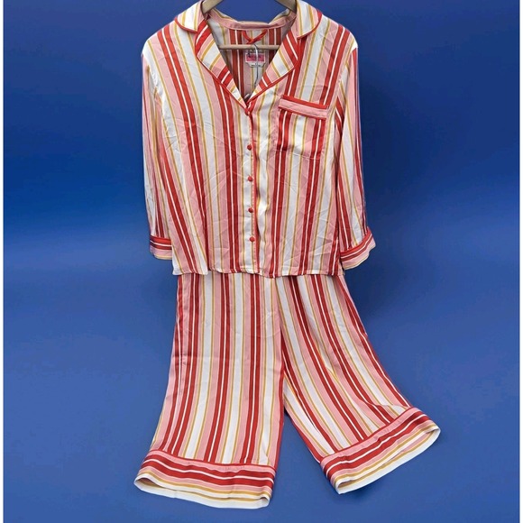 NWT Kate Spade New York Pajama Set M Striped Button Down‎ Satin Sleepwear Red